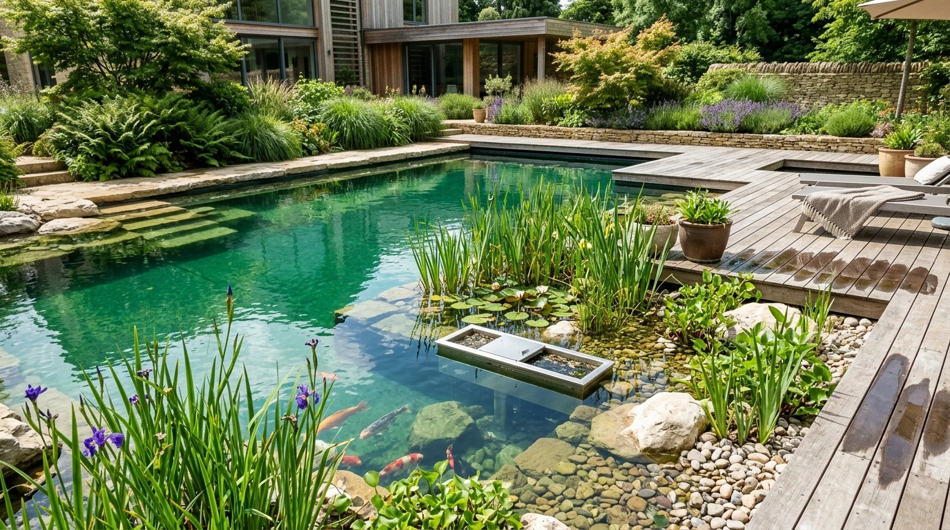 Biological Ponds & Natural Swimming Pools: Floating Skimmers, Bottom Drains & Bio-Mechanical Filtration
