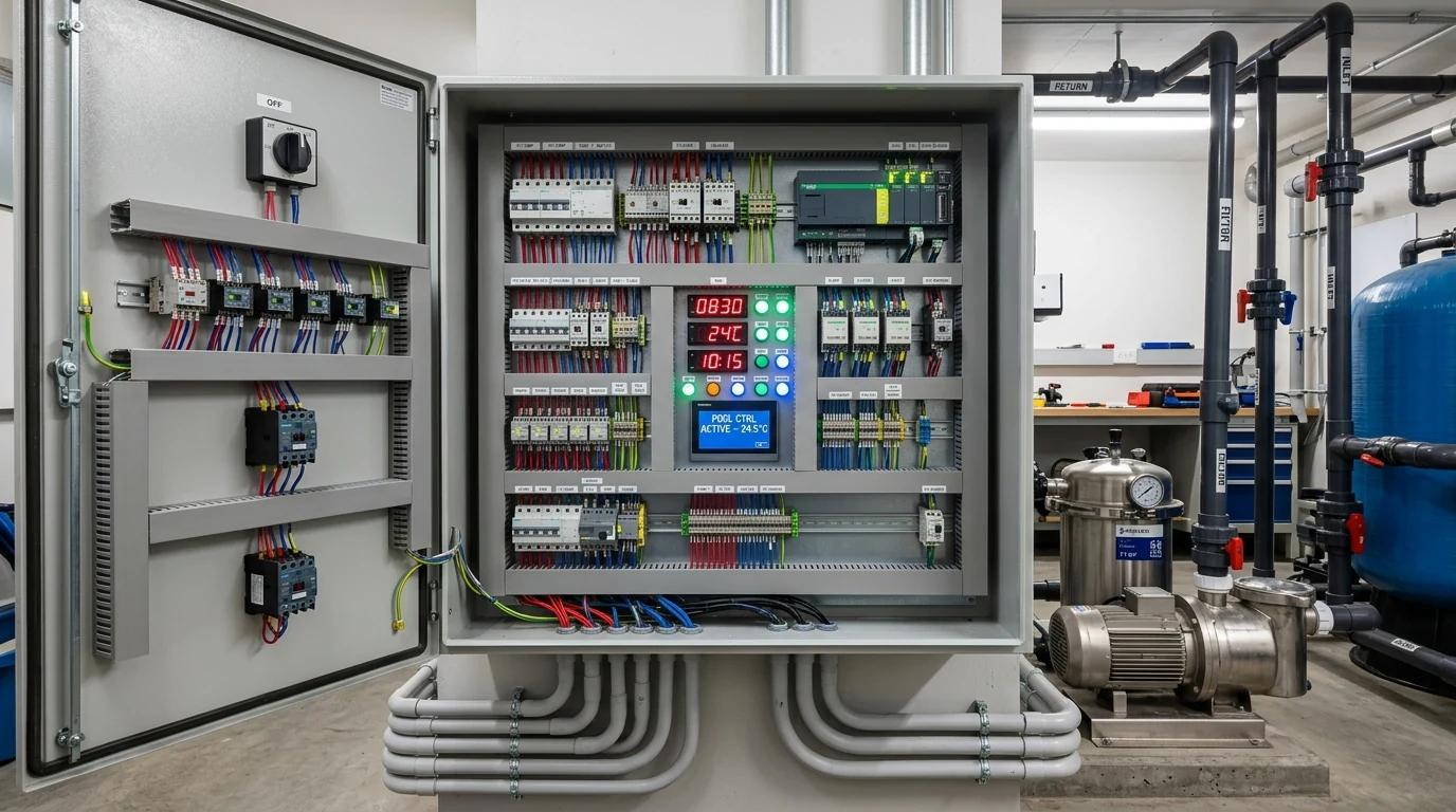Professional pool electrical control panel with motor protection switch and timer relay