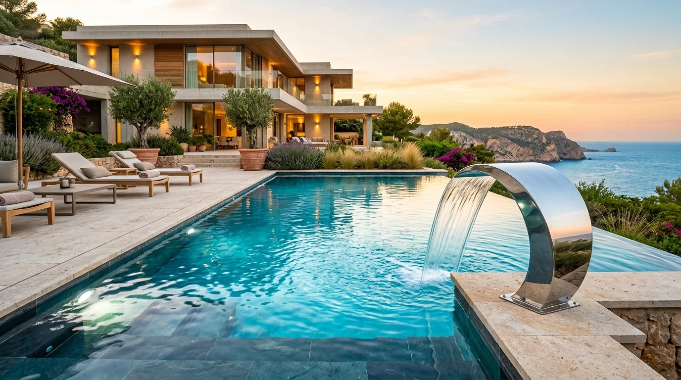 AISI 316 stainless steel cobra waterfall and water curtain on a modern luxury pool