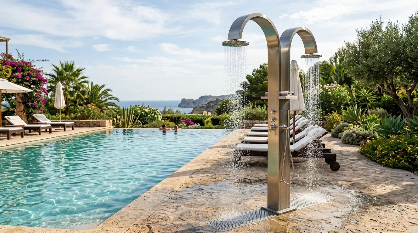 AISI 316 stainless steel double-arch shower tunnel system installed at a luxury resort pool