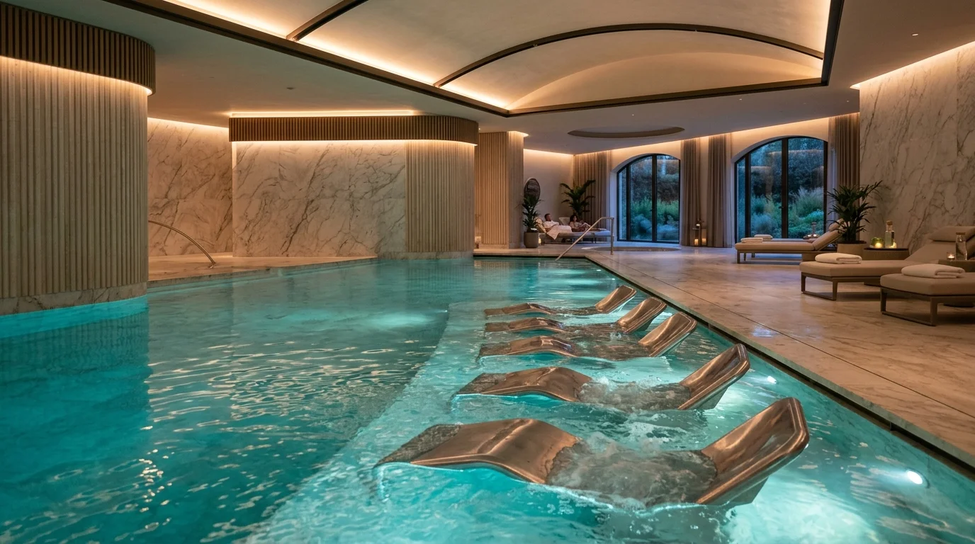 Stainless steel hydrotherapy air bed loungers and massage systems in a luxury thermal spa pool