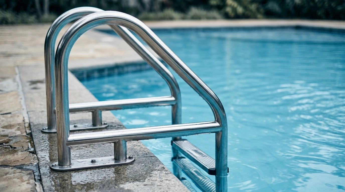 Stainless steel pool ladder handrail at the pool edge