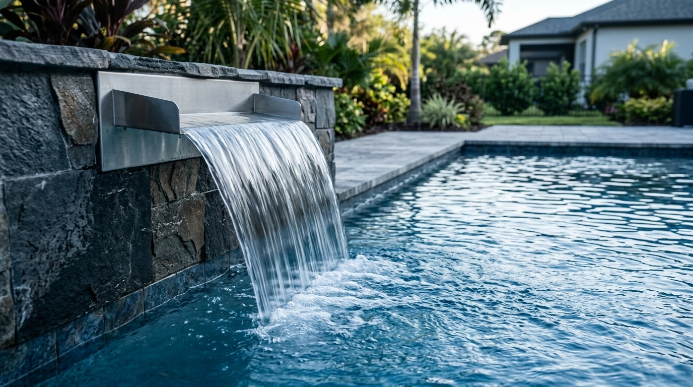 Stainless steel waterfall feature flowing from a stone wall into the pool